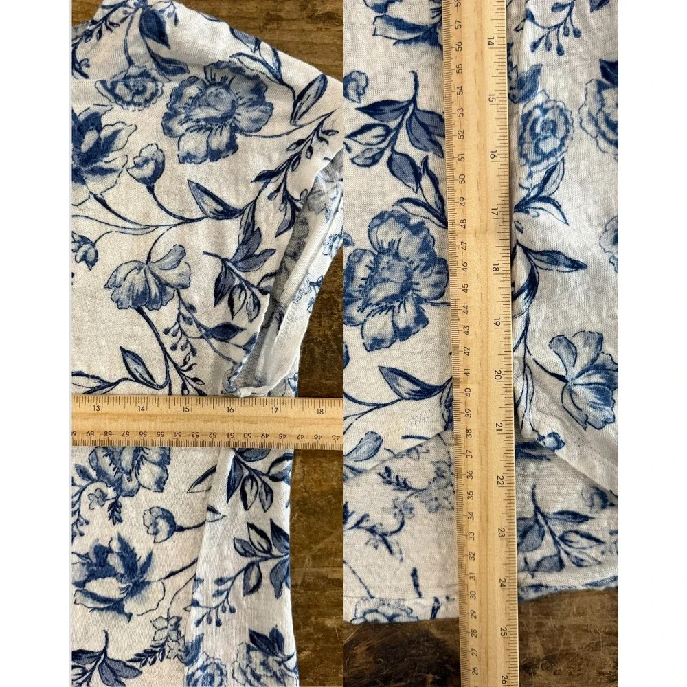 Cynthia Rowley 100% Linen Floral Blouse Large Blue White Cap Sleeve - Picture 8 of 8